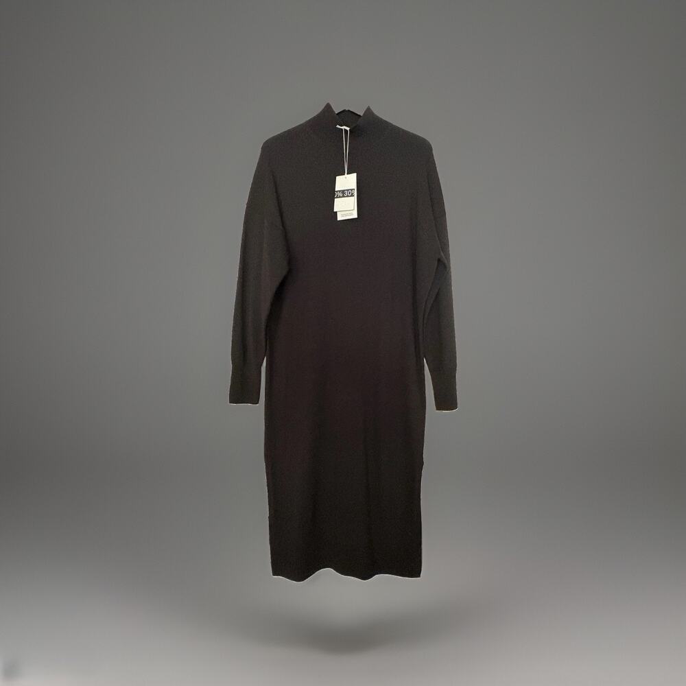 COS Black Cashmere Wool Ribbed Mock Neck Long Sleeve Midi Sweater Dress M